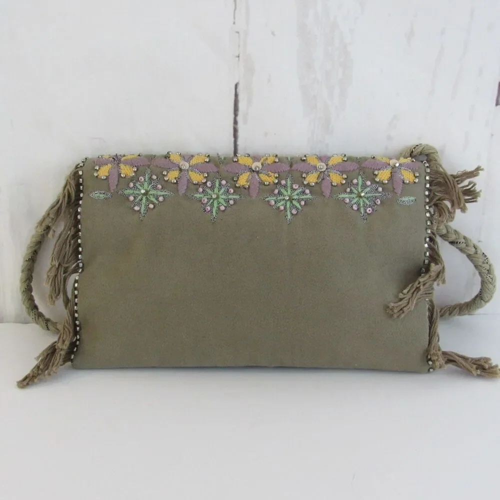 Embroidered And Beaded Tan Crossbody Bag Fringe Made in India 70's Inspired Boho - Picture 3 of 10